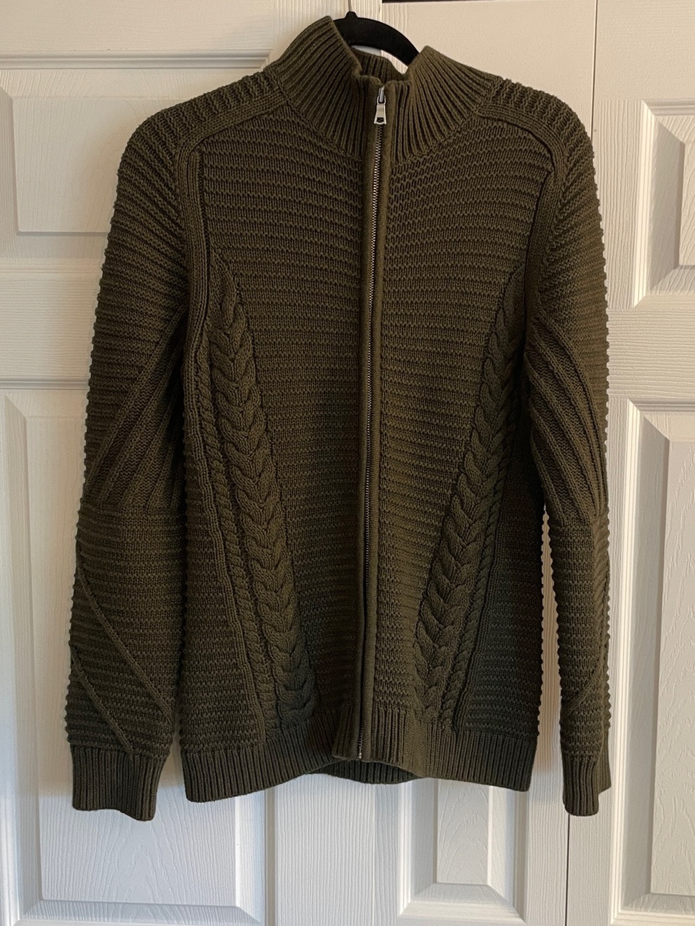 Women’s Olive Green Full-Zip Cable Knit Sweater, Gap, 100% Cotton